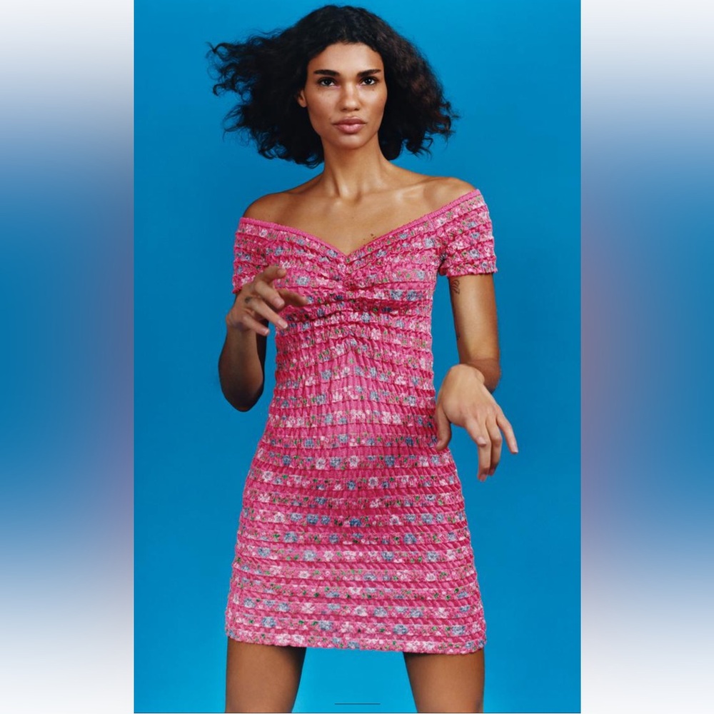 Zara ruched knit dress. Hot pink with blue and lilac flower detail.